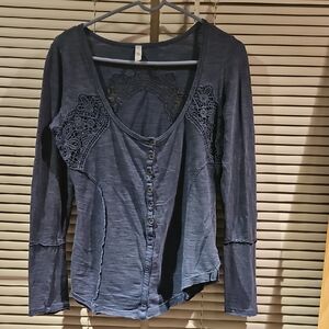 Free People Navy Button Down Shirt with Lace Accents